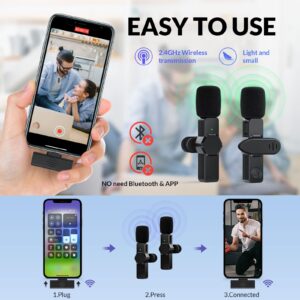 AUXCO 2 Pack iPhone Wireless Microphones, Plug-Play Wireless lavalier Microphone for Video Recording TikTok YouTube Interview Live Stream - 3 Levels Noise Reduction, No APP & Bluetooth Needed