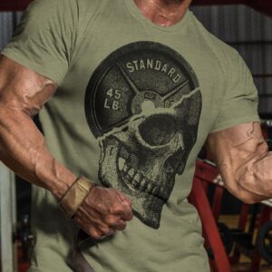 Gymish Lifestyle Skull Plate Gym Shirt, Work Out Deadlift Skull T-Shirt for Men (LG, SkullPlate Military Green)