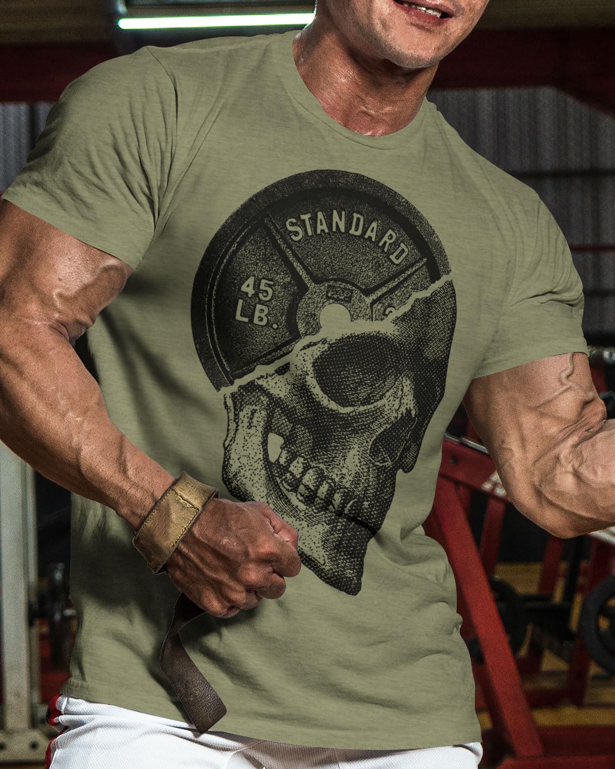 Gymish Lifestyle Skull Plate Gym Shirt, Work Out Deadlift Skull T-Shirt for Men (LG, SkullPlate Military Green)