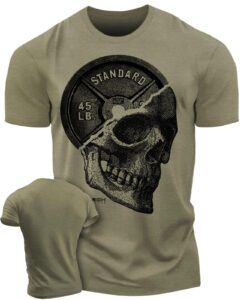 gymish lifestyle skull plate gym shirt, work out deadlift skull t-shirt for men (lg, skullplate military green)