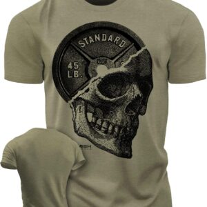 Gymish Lifestyle Skull Plate Gym Shirt, Work Out Deadlift Skull T-Shirt for Men (LG, SkullPlate Military Green)