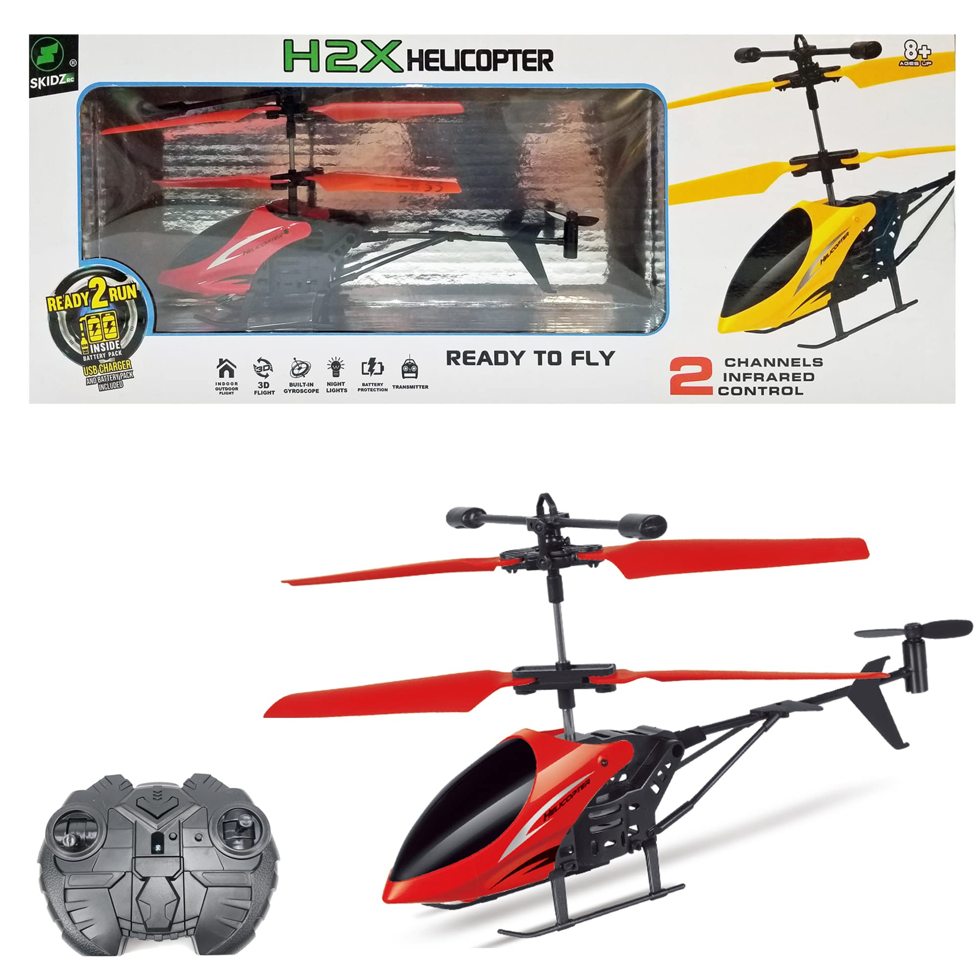 Skidz RC Helicopter for Kids, Remote Control Helicopter; with Gyro Stabilizer, Lights 2 Channel Aircraft 3D Flight, Boys Ages 8-14 Years Girls 9-16, Indoor and Outdoor for Plane Fans Adults (Red)