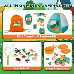 FUN LITTLE TOYS Kids Camping Set with Pop Up Play Tent Camping Toys with Battery Lantern and Drawstring Bag Indoor Outdoor Pretend Play, Birthday Gifts for Boys and Girls