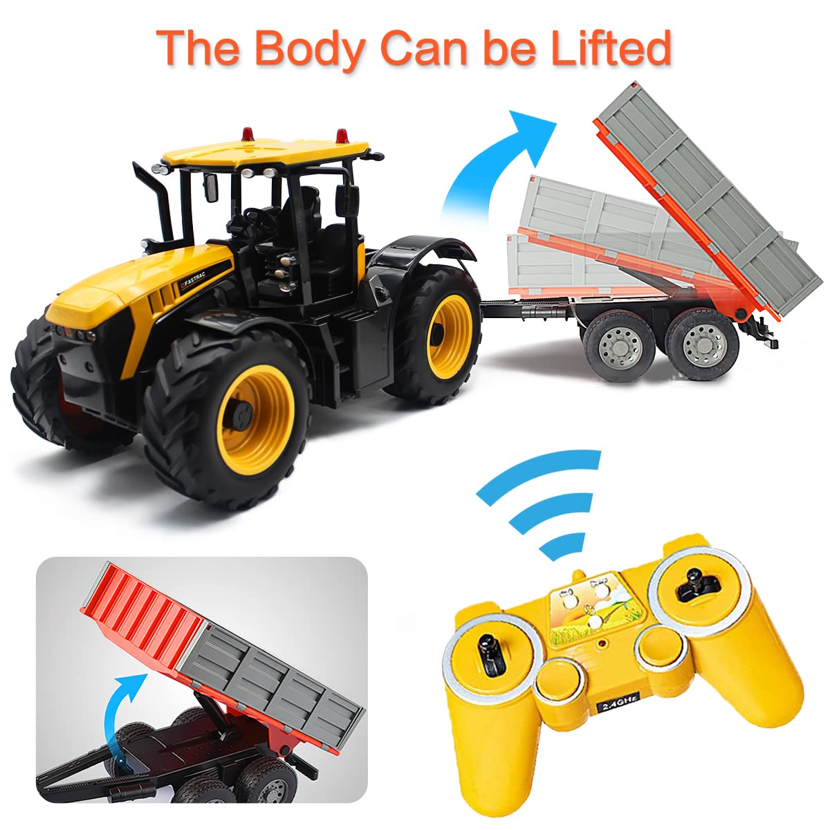 Dollox Tipping Trailer Accessory with Hitch for RC Farm Tractor Toy Car 1/16 Scale Construction Farmer Truck 2.4G Remote Control Engineering Vehicle Toys for Kids