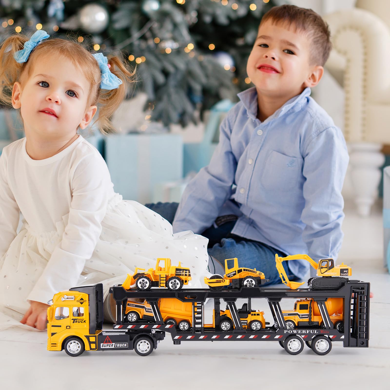 Crelloci 7 in 1 Construction Truck Toys, Die-cast Pull Back Transport Car Carrier, Detachable Metal Car Hauler, Tractor Excavator Play Vehicle Set for Kids Boys 3 4 5 Years Old