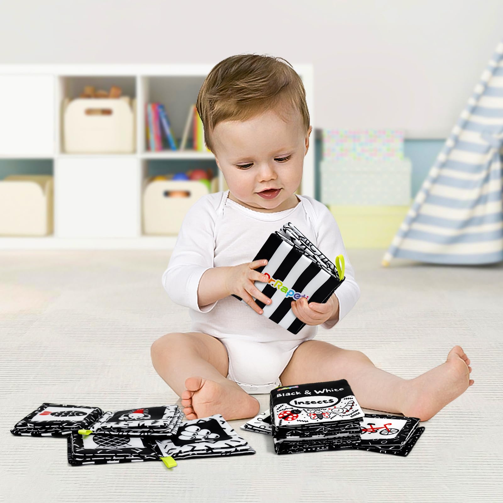 Dr.Rapeti Soft Cloth Books Baby Books Bath Books 6-Pack for Baby Infant Toddler Kids High Contrast Black and White Crinkle Washable Chewable Non-Toxic Early Educational Giftable