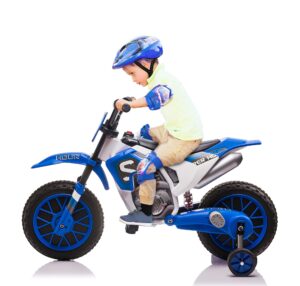 tobbi kids motorcycle dirt bike 12v electric motorcycles ride on toys battery powered motorbike off-road motocross for toddler boys girls 3+years w/ 2 speeds, 35w dual motors, training wheels, blue