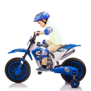 TOBBI Kids Motorcycle Dirt Bike 12V Electric Motorcycles Ride on Toys Battery Powered Motorbike Off-Road Motocross for Toddler Boys Girls 3+Years w/ 2 Speeds, 35W Dual Motors, Training Wheels, Blue