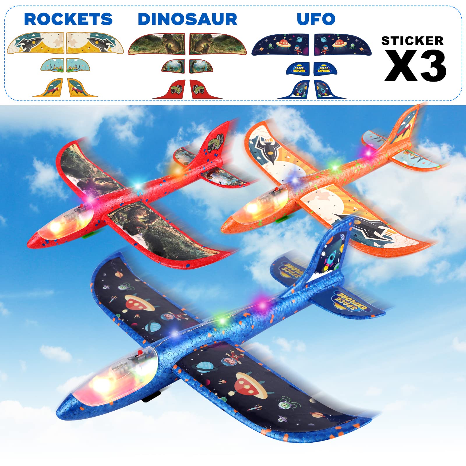 3 Pack Foam Airplane Launcher Toy with 3 DIY Stickers, 12.6" Glider Led Plane, Catapult Plane Boy Toys, Outdoor Sport Flying Toys for Kids Birthday Gifts for 4 5 6 7 8 9 10 11 12 Year Old Boys Girls