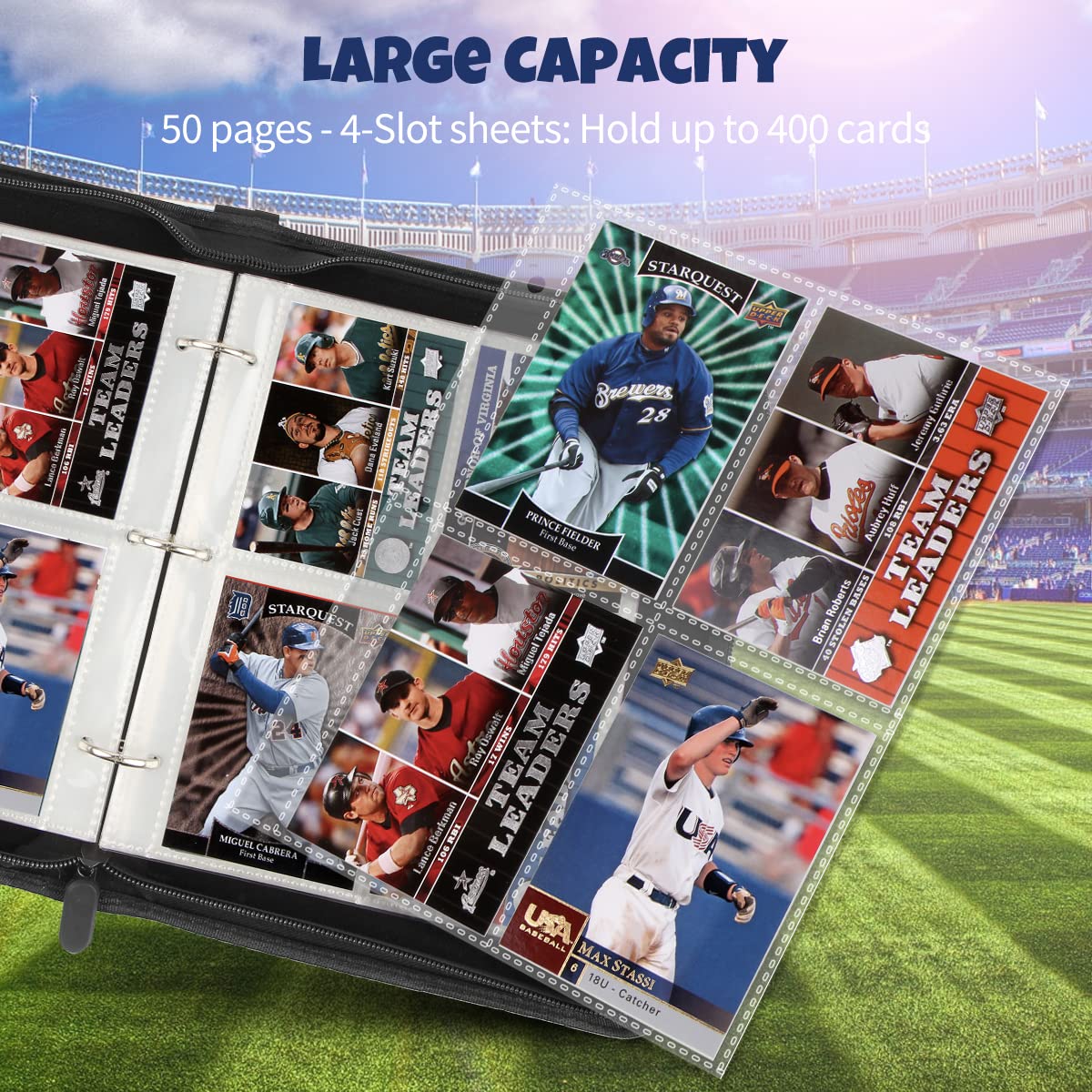 MIXPOET Baseball Card Binder with Zipper, 4 Slots - Fit 400 Cards, Waterproof Card Album Holder Protectors Storage Book Fit Football, Baseball, Sport Cards and Other Trading Cards (White Stitches)