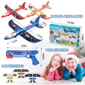 3 Pack Foam Airplane Launcher Toy with 3 DIY Stickers, 12.6" Glider Led Plane, Catapult Plane Boy Toys, Outdoor Sport Flying Toys for Kids Birthday Gifts for 4 5 6 7 8 9 10 11 12 Year Old Boys Girls