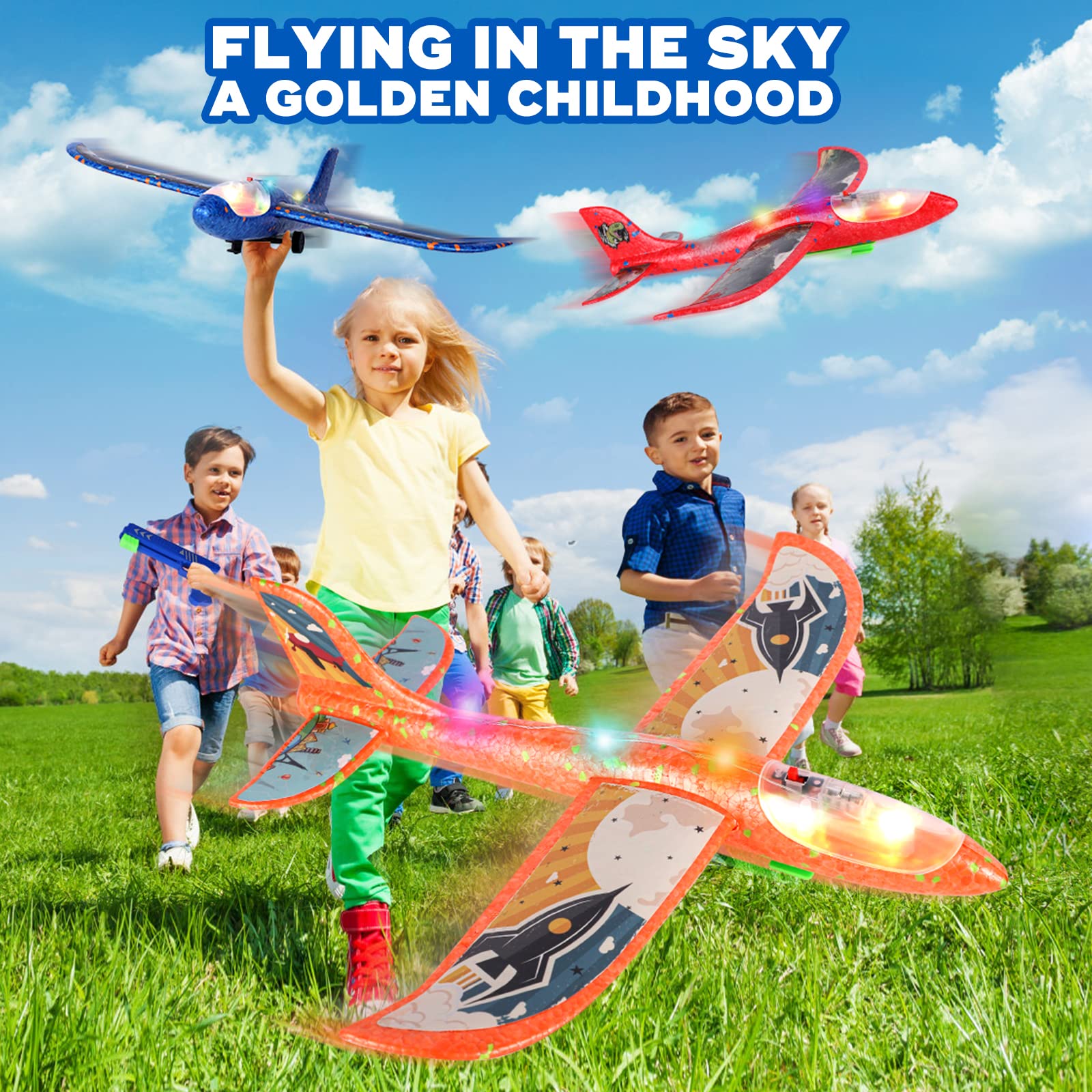 3 Pack Foam Airplane Launcher Toy with 3 DIY Stickers, 12.6" Glider Led Plane, Catapult Plane Boy Toys, Outdoor Sport Flying Toys for Kids Birthday Gifts for 4 5 6 7 8 9 10 11 12 Year Old Boys Girls