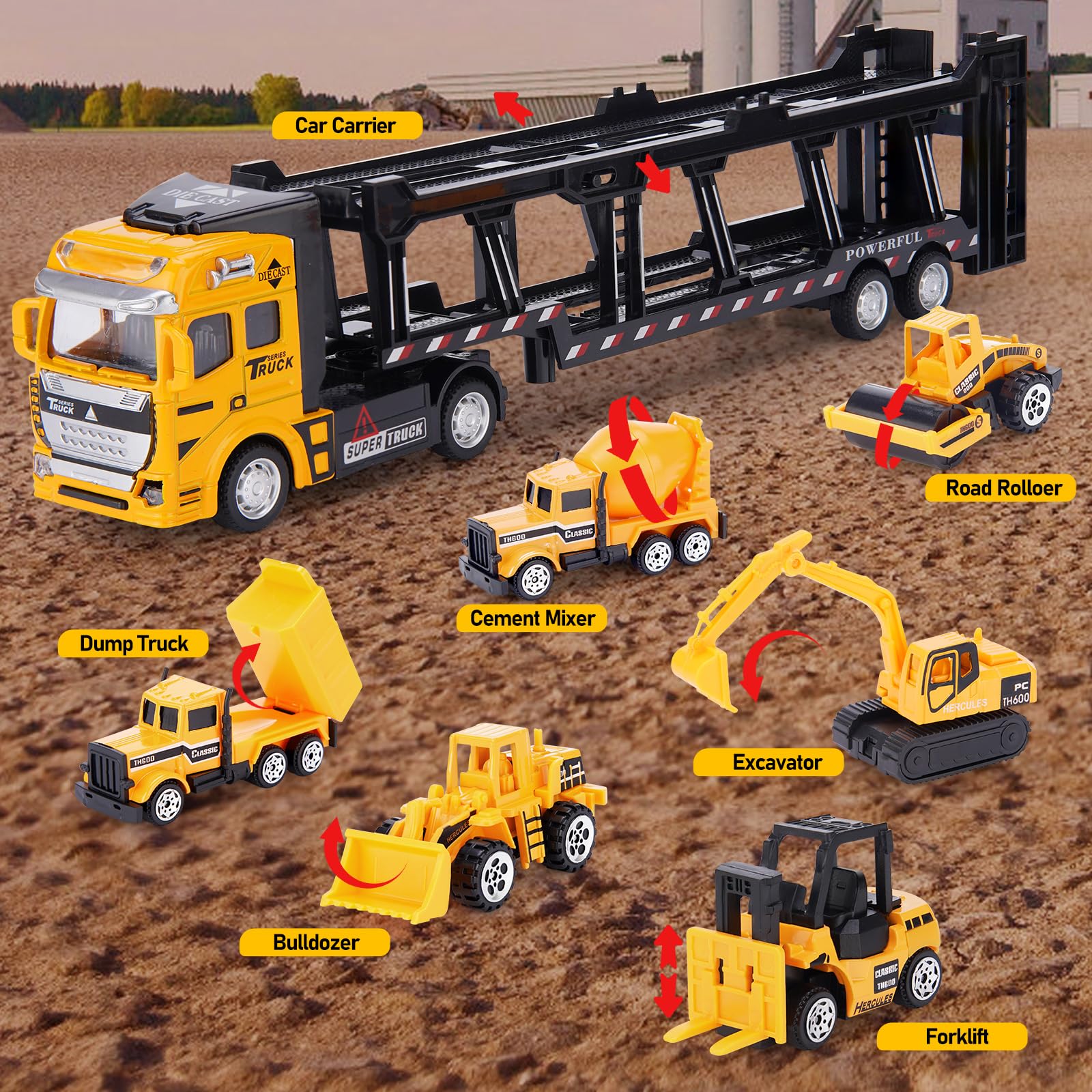 Crelloci 7 in 1 Construction Truck Toys, Die-cast Pull Back Transport Car Carrier, Detachable Metal Car Hauler, Tractor Excavator Play Vehicle Set for Kids Boys 3 4 5 Years Old