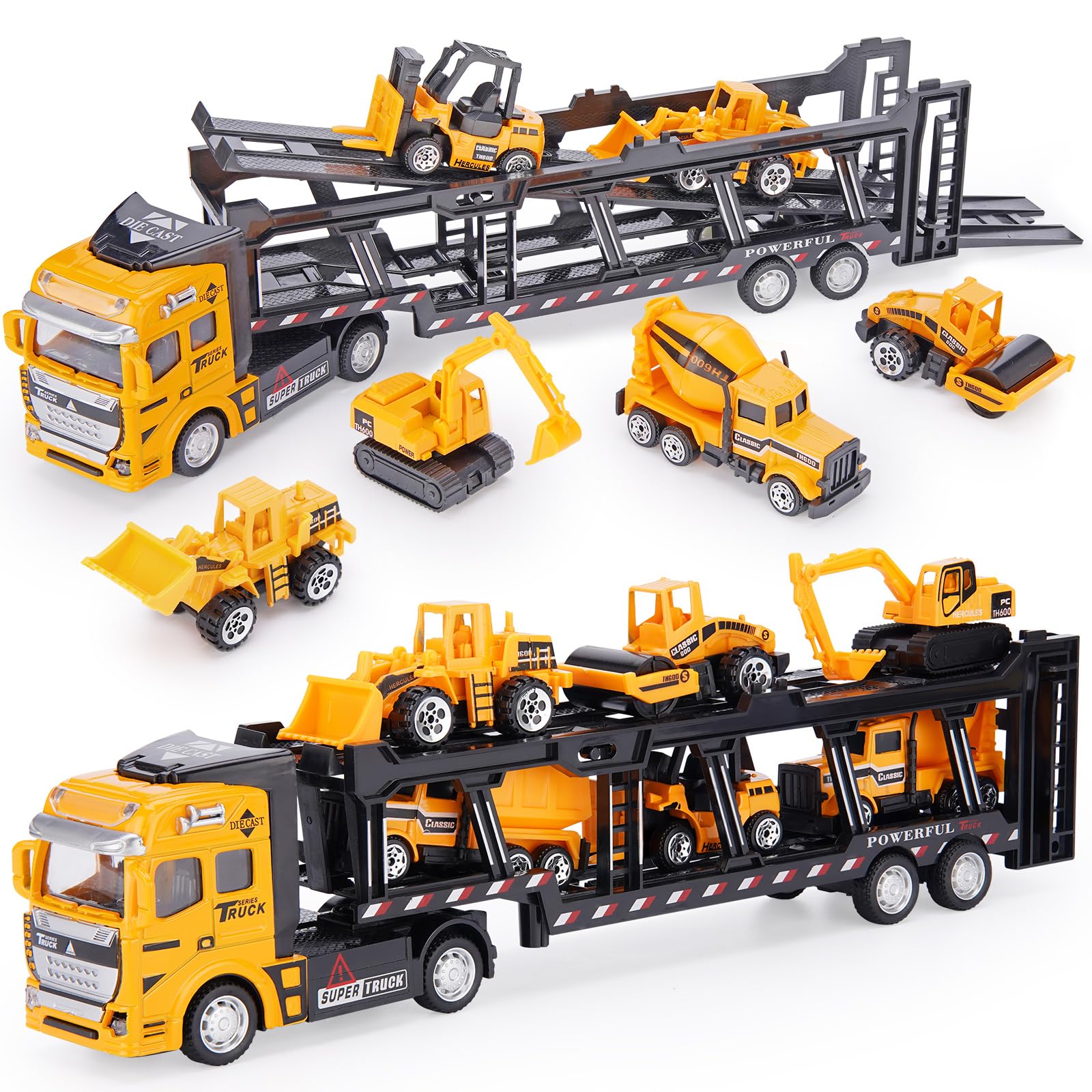 Crelloci 7 in 1 Construction Truck Toys, Die-cast Pull Back Transport Car Carrier, Detachable Metal Car Hauler, Tractor Excavator Play Vehicle Set for Kids Boys 3 4 5 Years Old