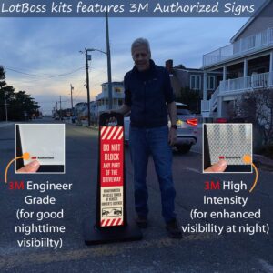 SmartSign Do Not Block Any Part Of Driveway Vehicles Towed LotBoss Vertical Panel Sign Kit with Rubber Base, 7.875" x 35.5" Hi-Intensity Reflective Double-Sided Parking Sign, Plastic Frame, USA-Made