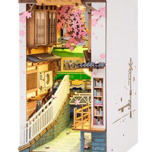 Rolife DIY Book Nook Kit 3D Wooden Puzzle for Adults 8.7" Bookshelf Indert Decor with LED Miniature Dollhouse Kit Bookend Crafts Diorama Hobbies Gifts for Boys Girls (Sakura Densya)