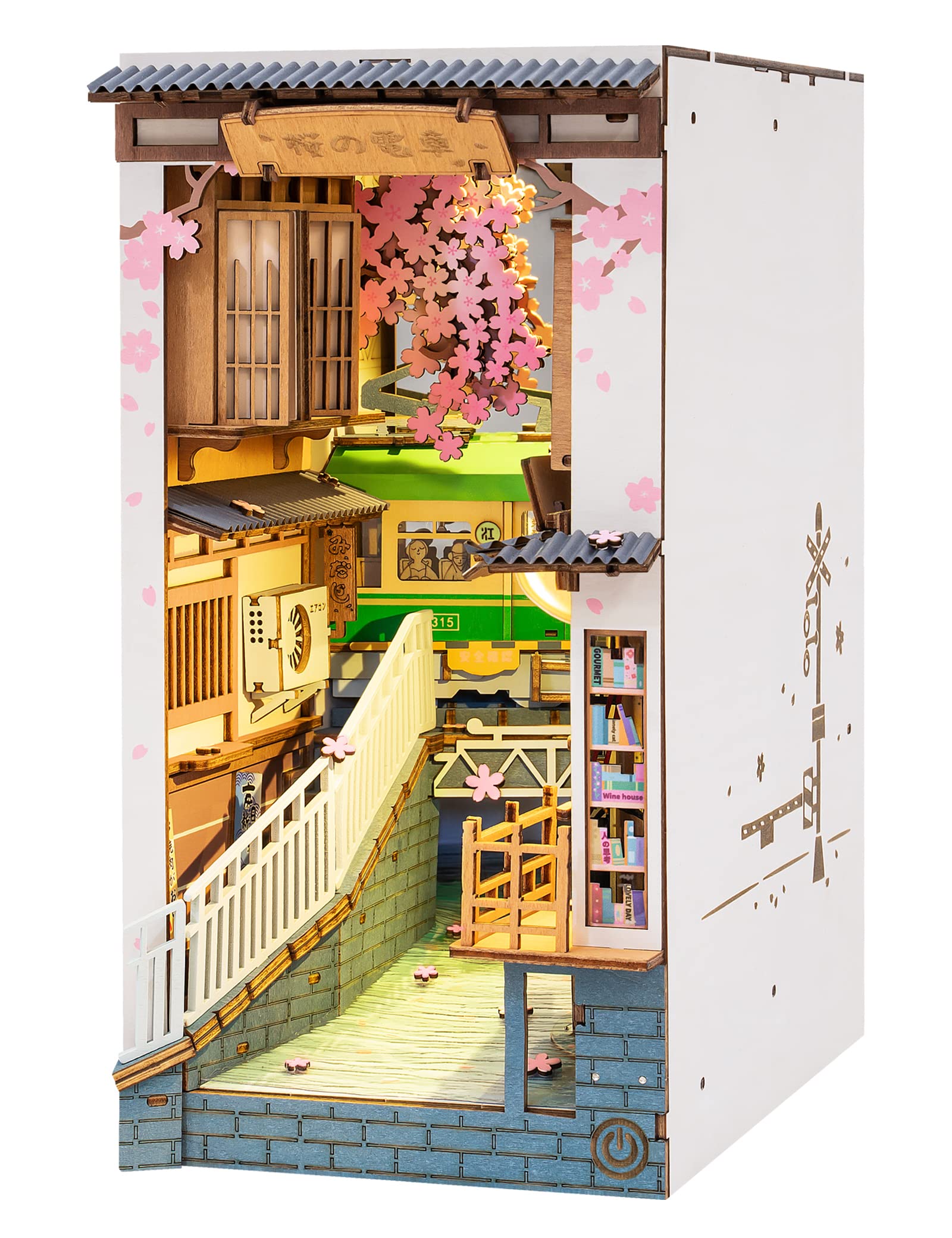 Rolife DIY Book Nook Kit 3D Wooden Puzzle for Adults 8.7" Bookshelf Indert Decor with LED Miniature Dollhouse Kit Bookend Crafts Diorama Hobbies Gifts for Boys Girls (Sakura Densya)