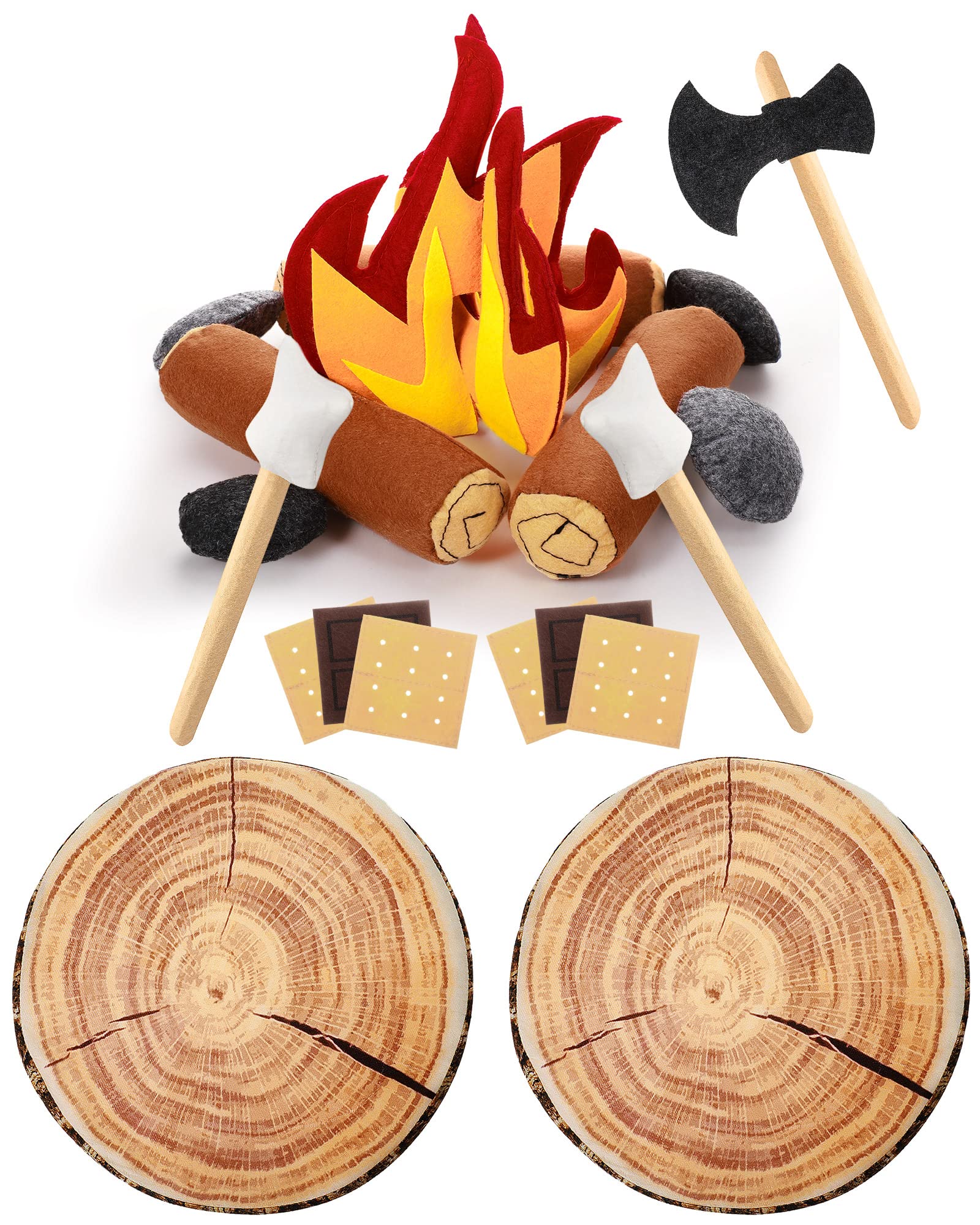 17 Pcs Pretend Camping Play Set, 2 Pcs Decorative Round Throw Pillow, Camping Safe Fake Campfire Plush Wood Shaped Floor Cushion for Adults Dramatic Play Camping Home Outdoor Decorations