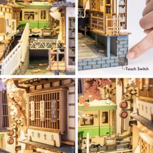 Rolife DIY Book Nook Kit 3D Wooden Puzzle for Adults 8.7" Bookshelf Indert Decor with LED Miniature Dollhouse Kit Bookend Crafts Diorama Hobbies Gifts for Boys Girls (Sakura Densya)