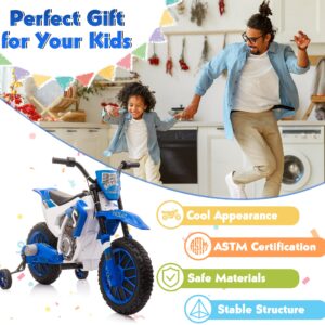 TOBBI Kids Motorcycle Dirt Bike 12V Electric Motorcycles Ride on Toys Battery Powered Motorbike Off-Road Motocross for Toddler Boys Girls 3+Years w/ 2 Speeds, 35W Dual Motors, Training Wheels, Blue