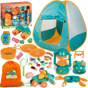 fun little toys kids camping set with pop up play tent camping toys with battery lantern and drawstring bag indoor outdoor pretend play, birthday gifts for boys and girls