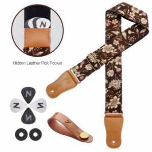 Nefelibata Japanese Cotton Guitar Strap for Acoustic Guitar, Ukulele, Free Headstock Strap Adapter with Buckle, Guitar Picks and Strap Lock(Pomegranate Flower)