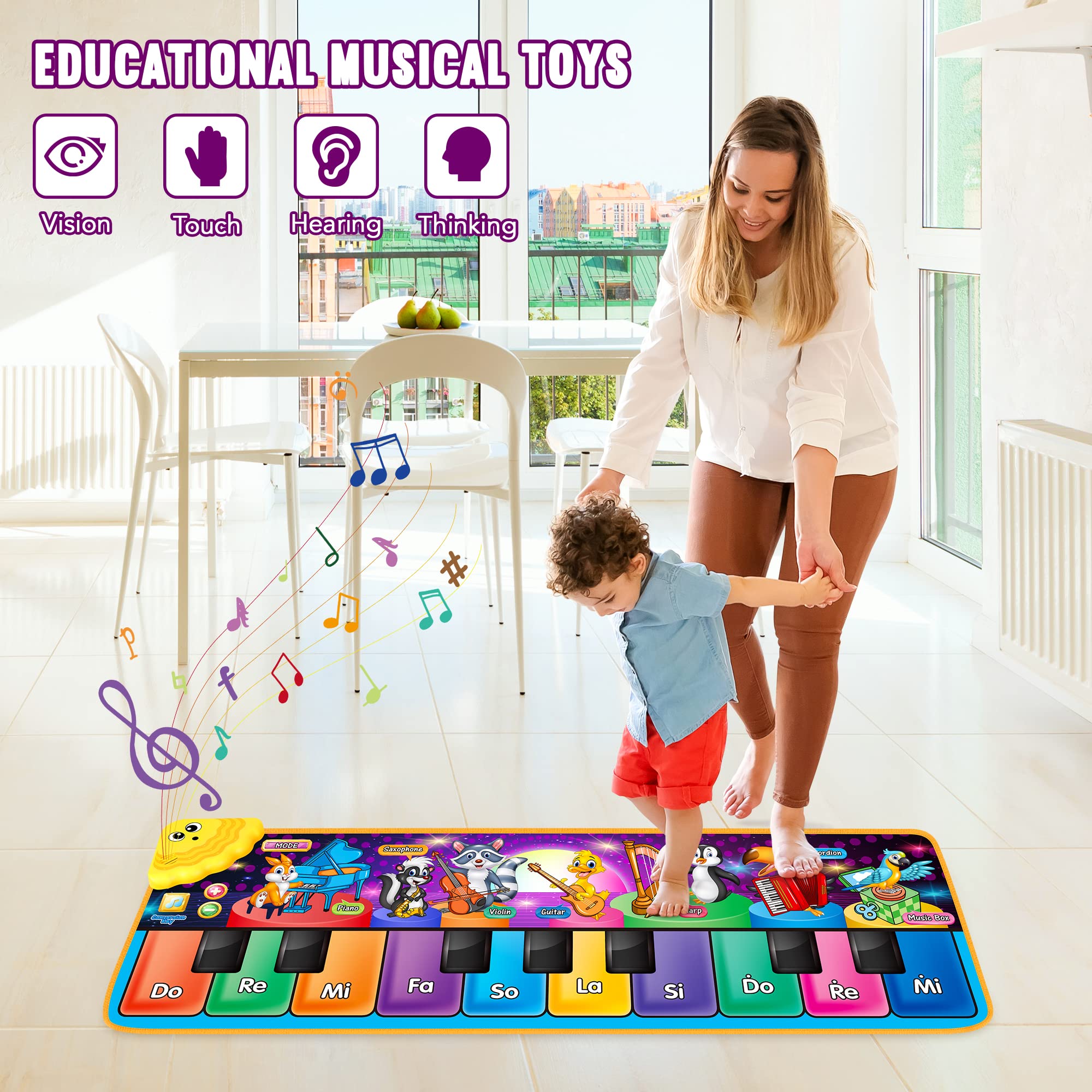 Kids Musical Piano Mats with 25 Music Sounds,Musical Toys Baby Floor Piano Keyboard Mat Carpet Animal Blanket Touch Playmat Early Education Toys for 1 2 3 4 5 6+ Year Girls Boys Toddlers