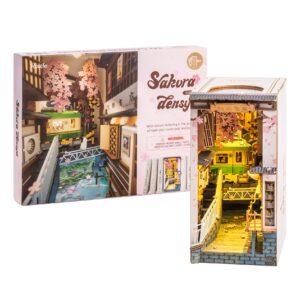 Rolife DIY Book Nook Kit 3D Wooden Puzzle for Adults 8.7" Bookshelf Indert Decor with LED Miniature Dollhouse Kit Bookend Crafts Diorama Hobbies Gifts for Boys Girls (Sakura Densya)