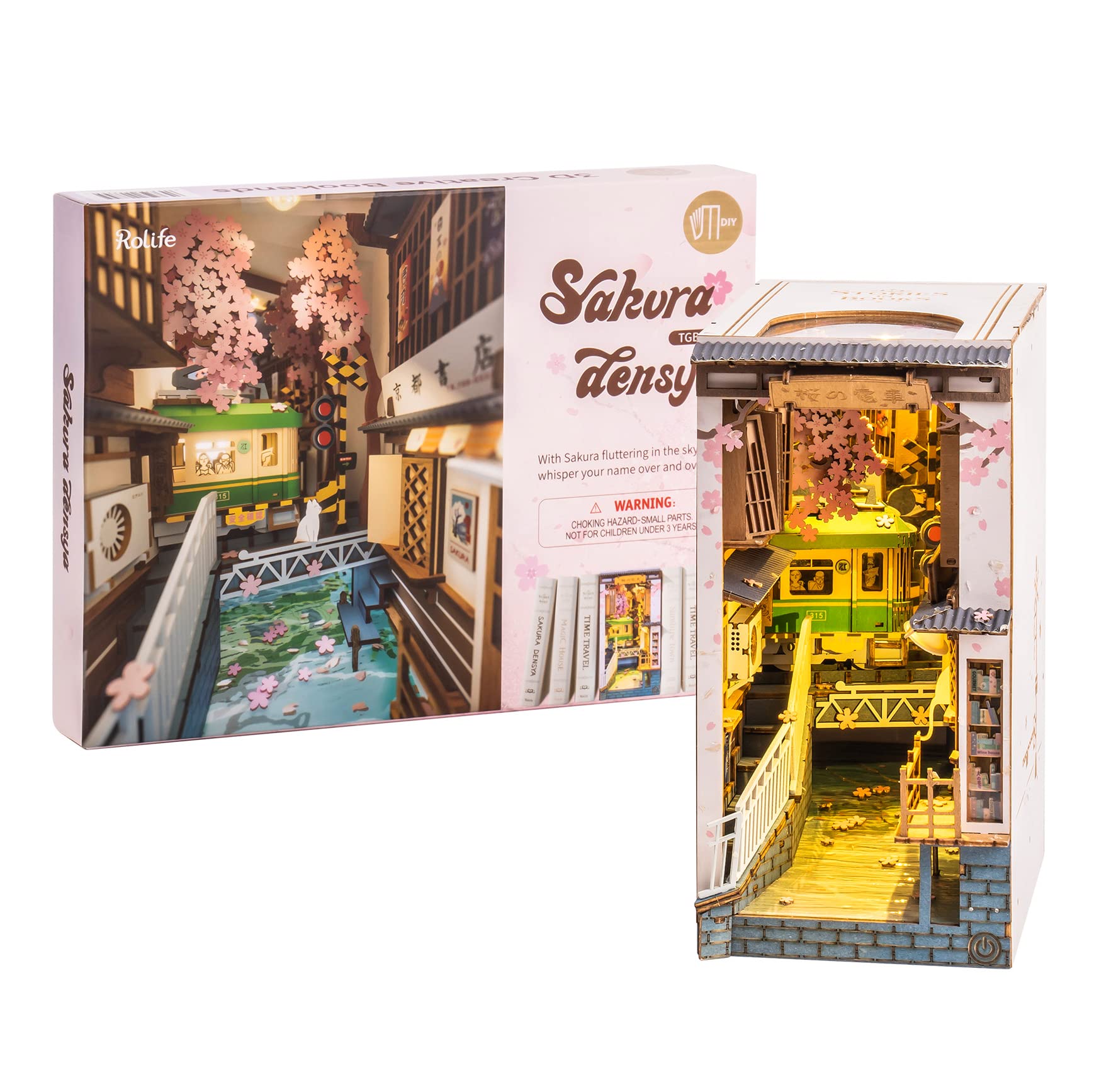 Rolife DIY Book Nook Kit 3D Wooden Puzzle for Adults 8.7" Bookshelf Indert Decor with LED Miniature Dollhouse Kit Bookend Crafts Diorama Hobbies Gifts for Boys Girls (Sakura Densya)