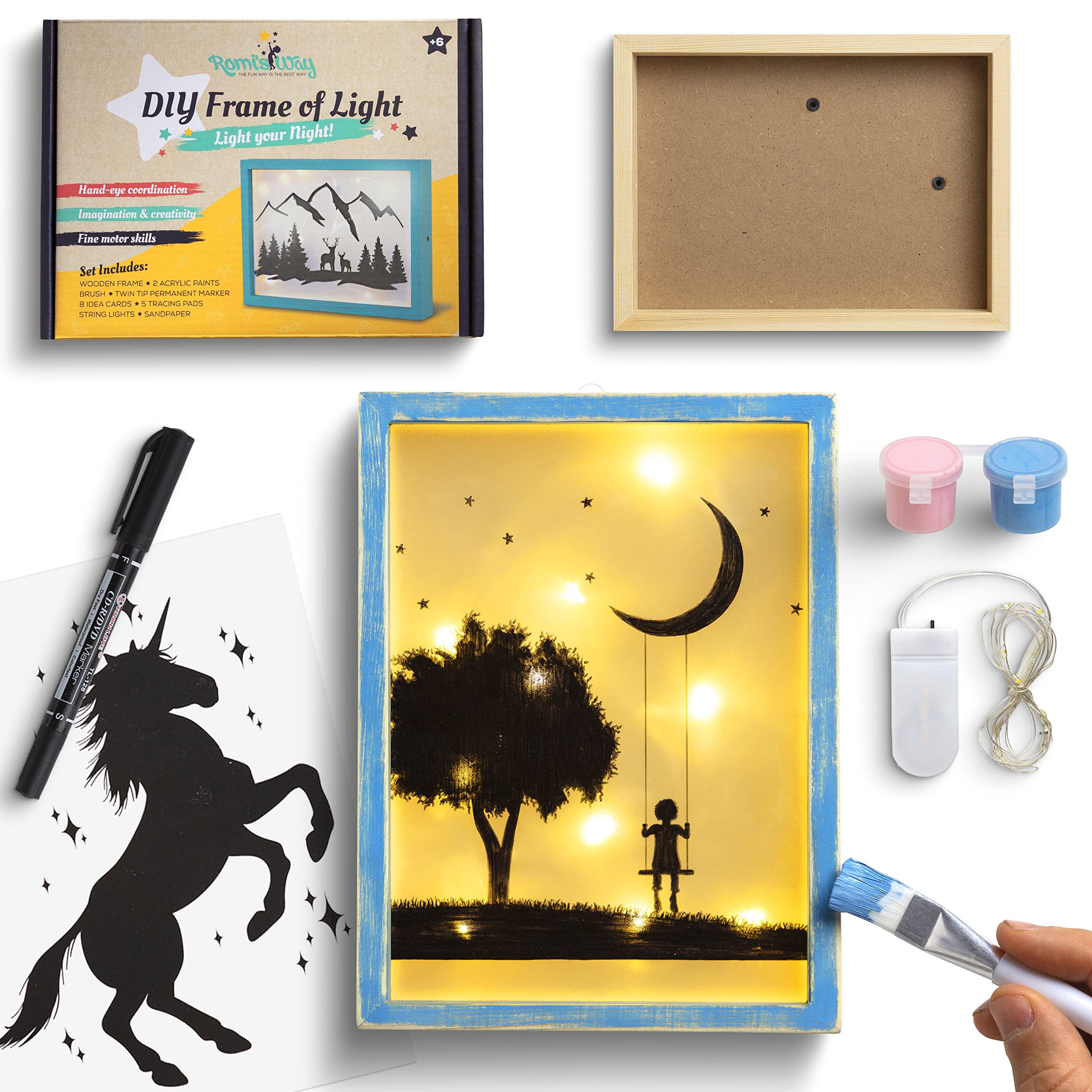 ROMI'S WAY DIY Frame Night Light – Crafts for Girls Ages 6-8-12 – Drawing Arts and Crafts for Kids – DIY Craft Kits for Girls & Boys – Art Supplies Kits for Kids – 6 89 Year Old Girl Gifts