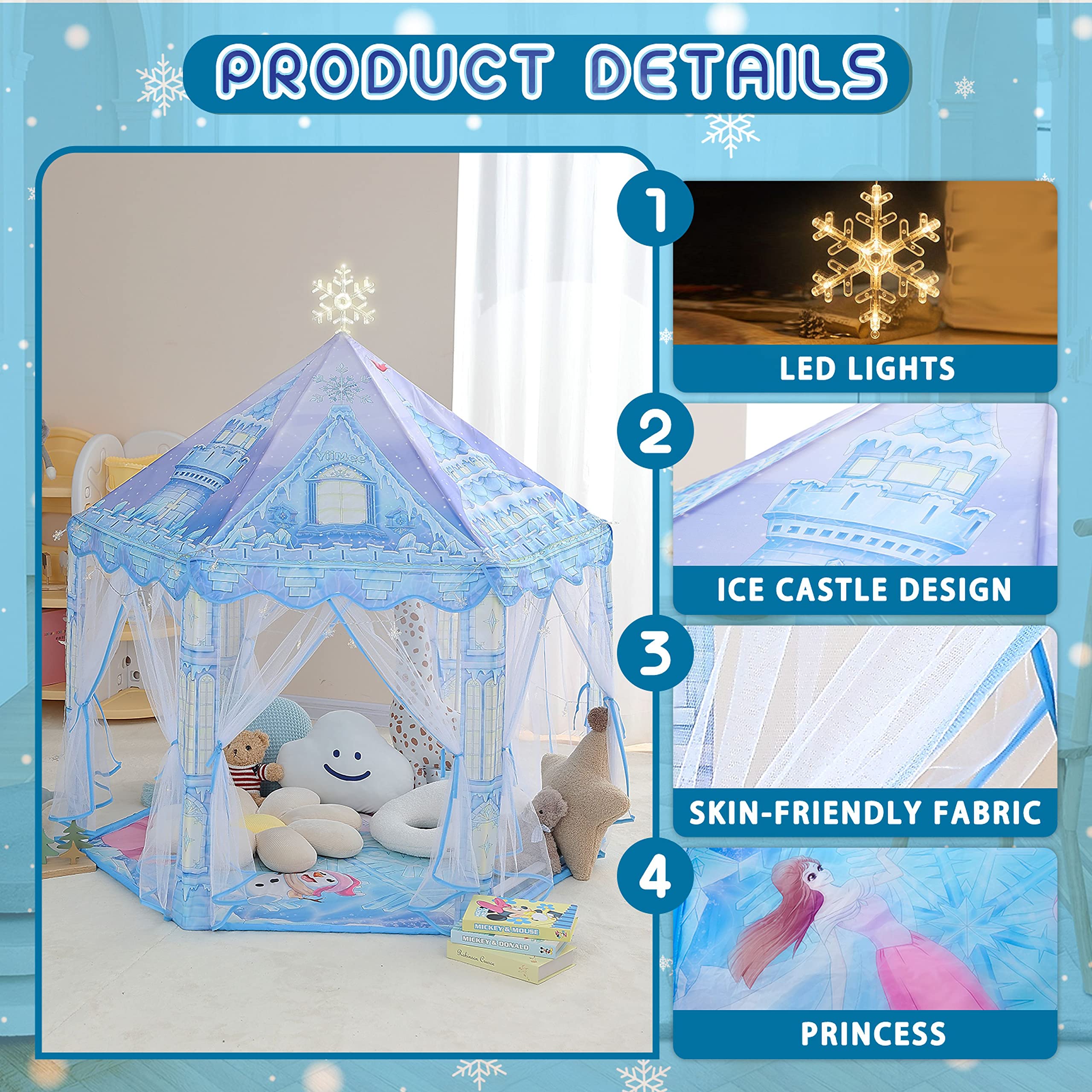 Premium Princess Play Tent - Frozen Toy for Girls with Enchanting Snowflake Lights - Spark Imagination with Princess Play Tent - Perfect for Indoor & Outdoor Play - Play Gifts Tent - Includes Cozy Rug