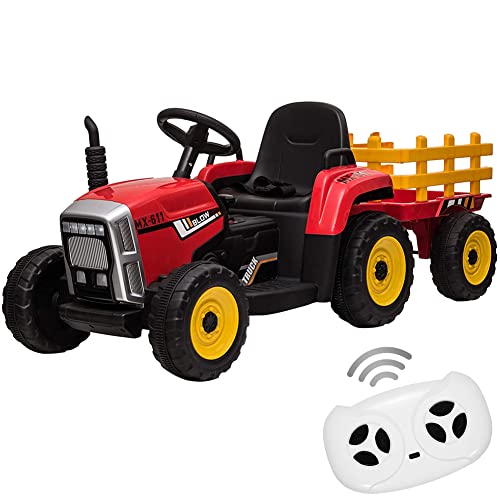 Kids Battery Powered Electric Tractor with Parent Remote Control & Trailer, Toddler 12V Ride On Toy with Dual Motors /2+1 Gear Shift/ 7-LED Lights/USB & Music Player,Red,25W/Treaded Tires