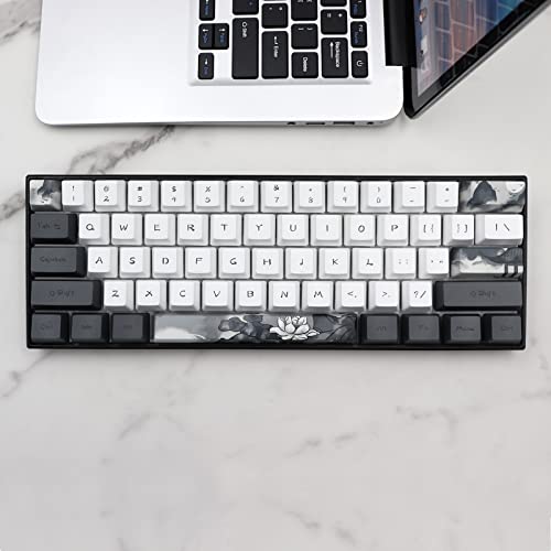 JSJT Ink Lotus Keycaps 140 Keys OEM Profile Keycaps PBT Dye Sublimation Keycaps for ANSI/ISO Layout Cherry MX Switch Mechanical Gaming Keyboards GK61/68/87/96/104/108 (with 6.25u spacebar)