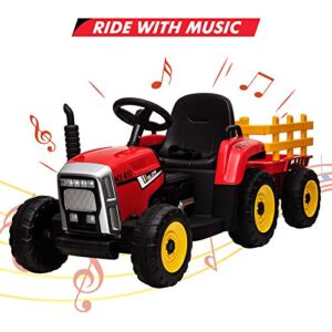 Kids Battery Powered Electric Tractor with Parent Remote Control & Trailer, Toddler 12V Ride On Toy with Dual Motors /2+1 Gear Shift/ 7-LED Lights/USB & Music Player,Red,25W/Treaded Tires