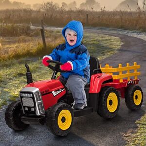 Kids Battery Powered Electric Tractor with Parent Remote Control & Trailer, Toddler 12V Ride On Toy with Dual Motors /2+1 Gear Shift/ 7-LED Lights/USB & Music Player,Red,25W/Treaded Tires