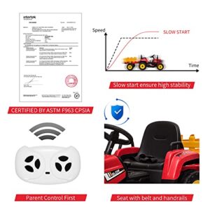 Kids Battery Powered Electric Tractor with Parent Remote Control & Trailer, Toddler 12V Ride On Toy with Dual Motors /2+1 Gear Shift/ 7-LED Lights/USB & Music Player,Red,25W/Treaded Tires