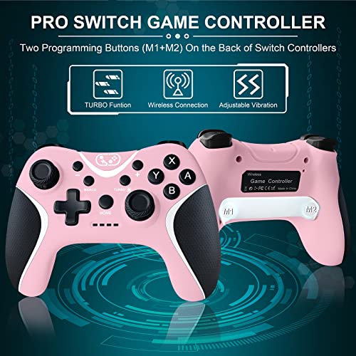 BRHE Wireless Switch Controllers Pink,Nintendo Switch Controller for Nintendo Switch/Lite/OLED/Windows PC with Programmable/Vibration/Turbo Funtion,Switch Pro Controller Gamepad with 2 Thumb Caps