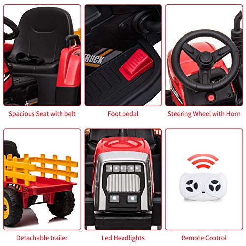 Kids Battery Powered Electric Tractor with Parent Remote Control & Trailer, Toddler 12V Ride On Toy with Dual Motors /2+1 Gear Shift/ 7-LED Lights/USB & Music Player,Red,25W/Treaded Tires