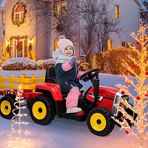 Kids Battery Powered Electric Tractor with Parent Remote Control & Trailer, Toddler 12V Ride On Toy with Dual Motors /2+1 Gear Shift/ 7-LED Lights/USB & Music Player,Red,25W/Treaded Tires