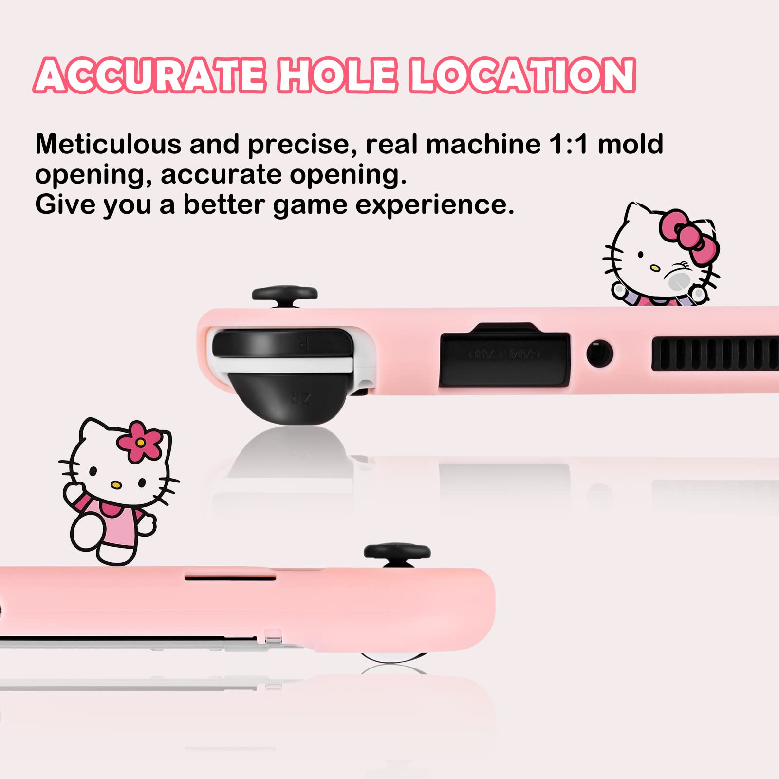 DLseego Clear and Pink Switch OLED Protective Case Scratch Resistant Cover Shell with Kitty Cat Thumb Grips Caps and Charm