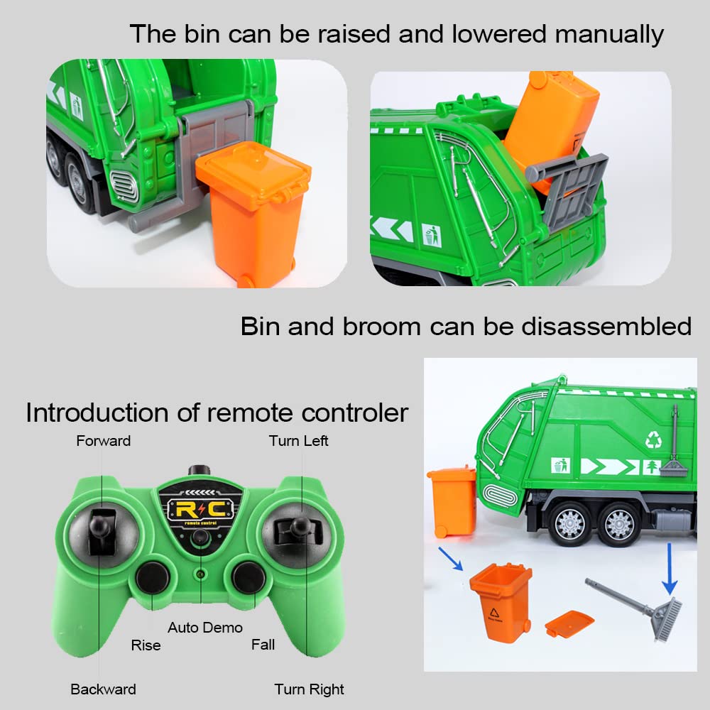 2.4G RC Garbage Truck Toy with Lights - 6 Channel Remote Control Waste Management Garbage Truck with 2 Rechargeable Batteries, Kids Recycling Trash Toys, Excellent Xmas Gifts for Boys Girls 3-8