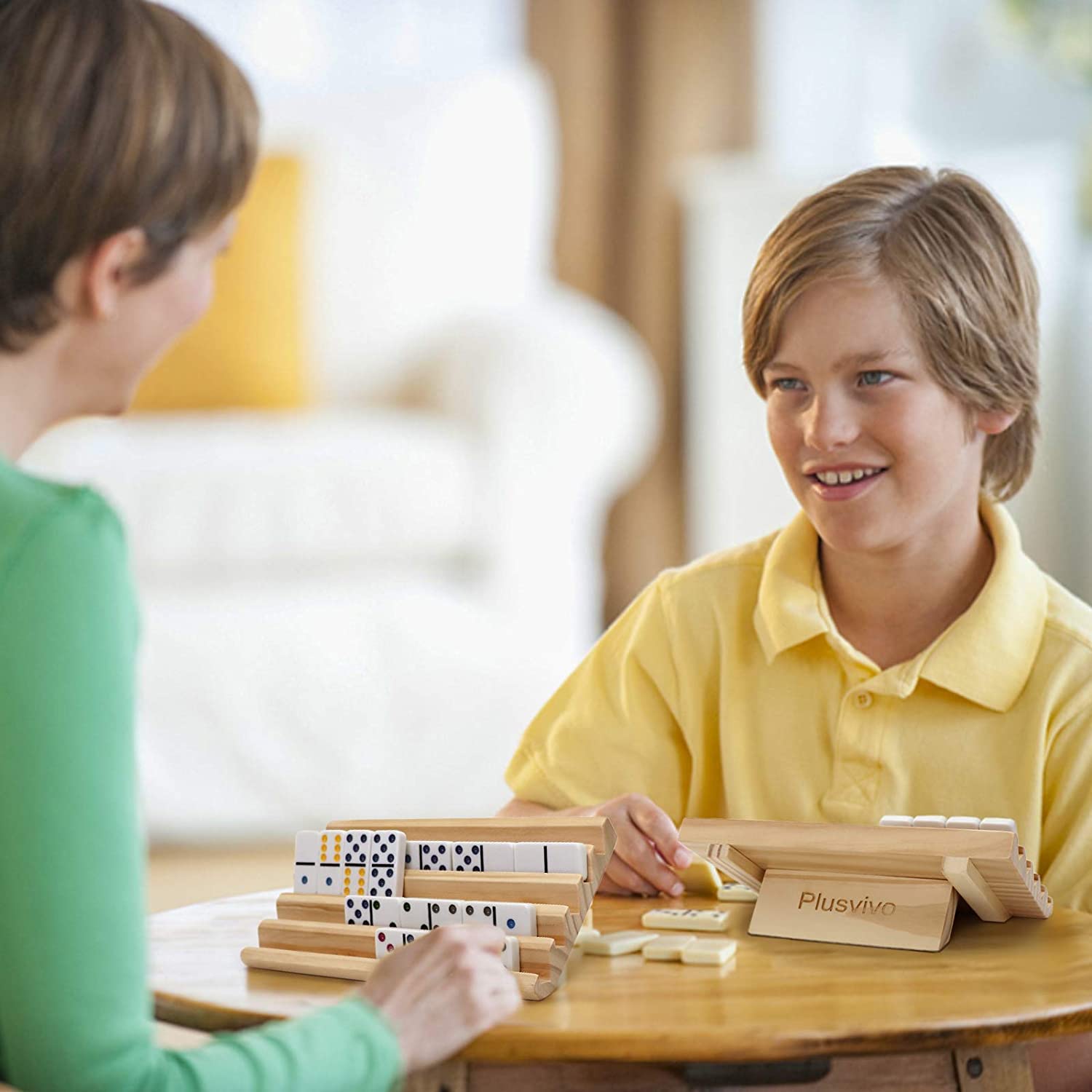 plusvivo Domino Racks with Stand Set of 4, Mexican Train Dominoes Set Trays Wooden Domino Holders for Mexican Train and Other Domino Games for Kids & Adults - Hobbies, Indoor Activities & Family Fun