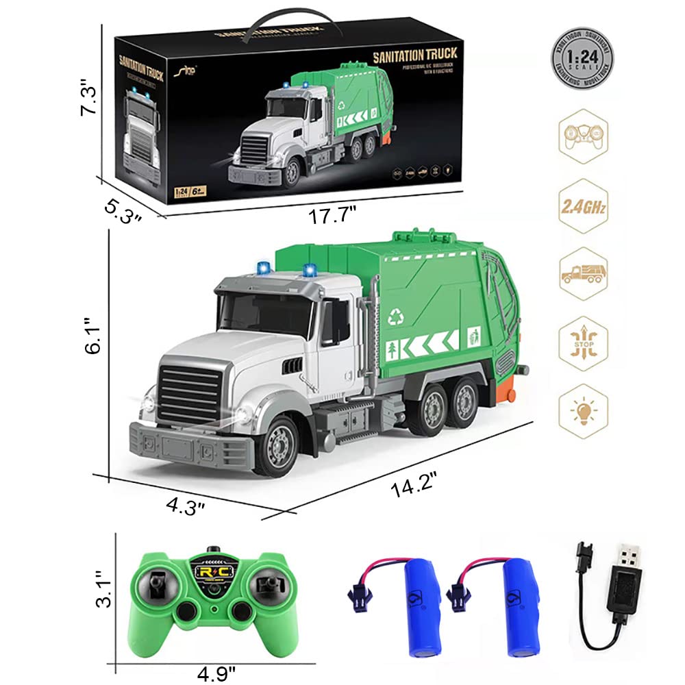 2.4G RC Garbage Truck Toy with Lights - 6 Channel Remote Control Waste Management Garbage Truck with 2 Rechargeable Batteries, Kids Recycling Trash Toys, Excellent Xmas Gifts for Boys Girls 3-8