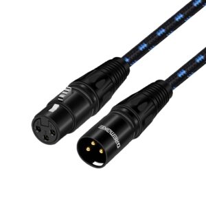 dremake 100 foot xlr mic cable, balanced xlr 3pin male to female microphone patch cable for live sound & stage, studio harmonizer, mixing board, patch bay, preamp, speaker system - black/blue tweed