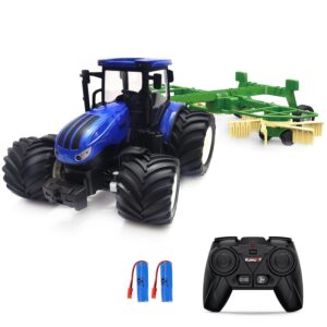 rc truck farm tractor with 2 rechargeable batteries - 2.4g 1/24 high simulation construction vehicle with dual rotary swath windrower，remote control toy with lights, hobby model toys for kids 3-6