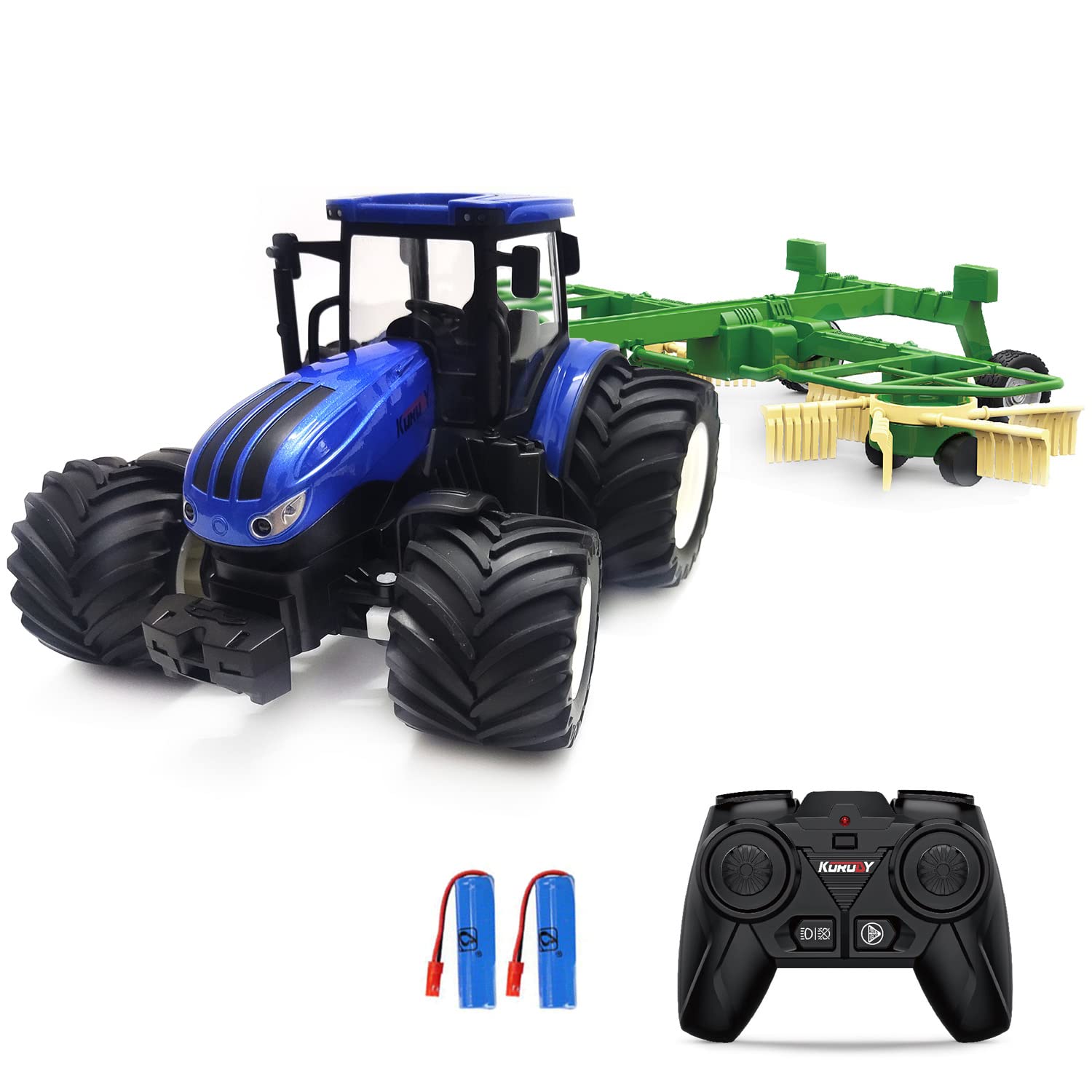 RC Truck Farm Tractor with 2 Rechargeable Batteries - 2.4G 1/24 High Simulation Construction Vehicle with Dual Rotary Swath Windrower，Remote Control Toy with Lights, Hobby Model Toys for Kids 3-6