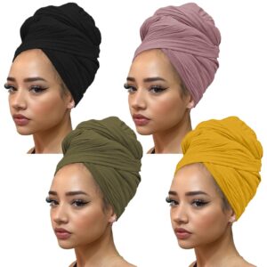 Kachanaa 4 Pieces Solid Color Stretch Knit Head Wrap Extra Long African Head Scarf Breathable Turbans for Black Women