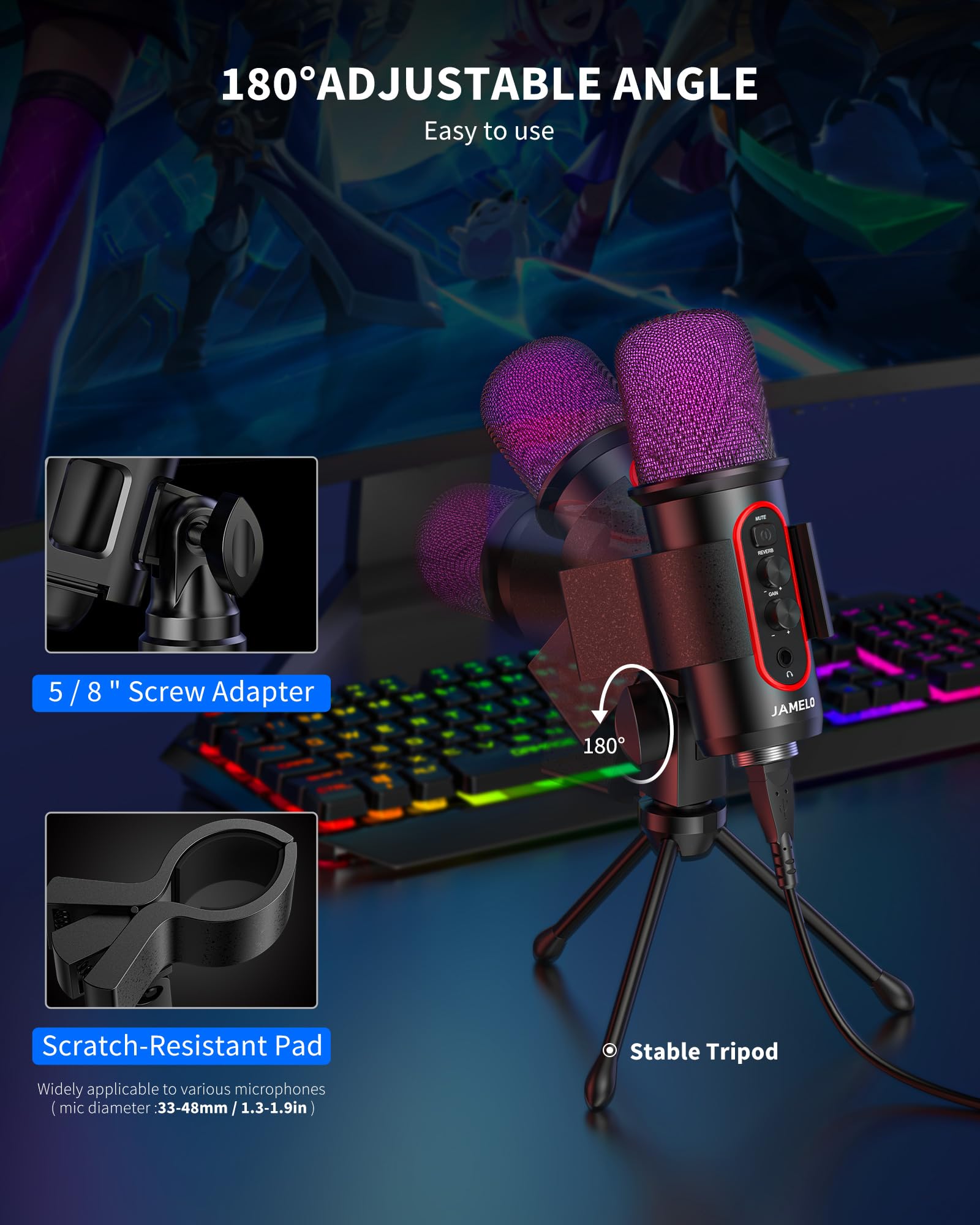 JAMELO Gaming Microphone, USB Computer Condenser Mic for PC/Laptop/Phone/PS4/5, RGB, Headphone Output, Volume Control,Plug and Play, Mute Button, for Streaming, Podcast, Studio Recording