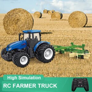 RC Truck Farm Tractor with 2 Rechargeable Batteries - 2.4G 1/24 High Simulation Construction Vehicle with Dual Rotary Swath Windrower，Remote Control Toy with Lights, Hobby Model Toys for Kids 3-6