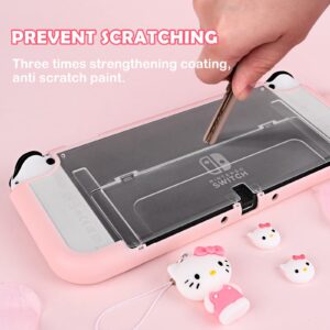 DLseego Clear and Pink Switch OLED Protective Case Scratch Resistant Cover Shell with Kitty Cat Thumb Grips Caps and Charm